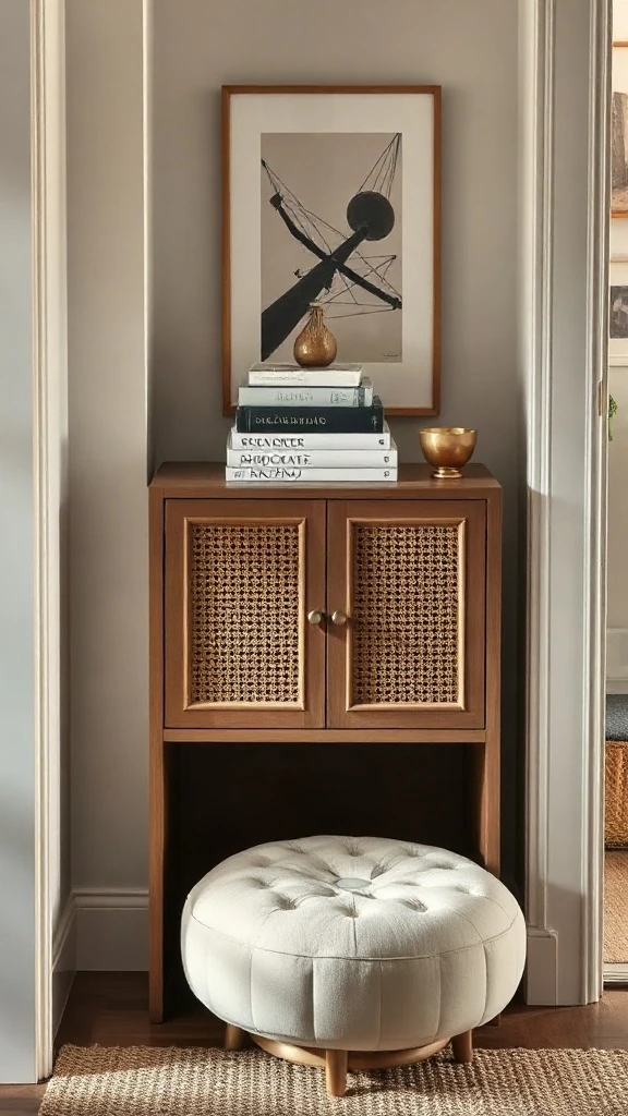 Narrow Scandinavian cane shoe cabinet and plush cream boucle stool styled for small entryway decor.