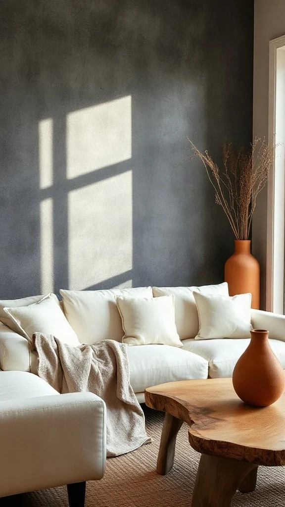 Chalky Black Limewash Texture Textured chalky black limewash accent wall in a minimalist cozy living room with off-white bouclé sofa