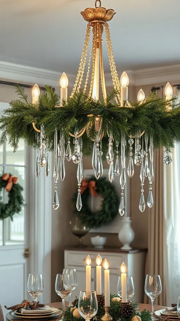 Dining room ceiling chandelier crowned with draped cedar sprigs and delicate hanging clear glass icicle drops.