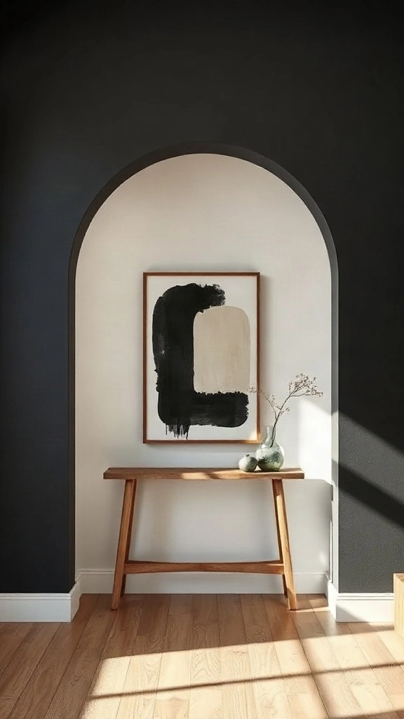 Archway Painted Cutout Accent Softly painted charcoal black arch accent on an off-white wall framing a slender wooden entryway table