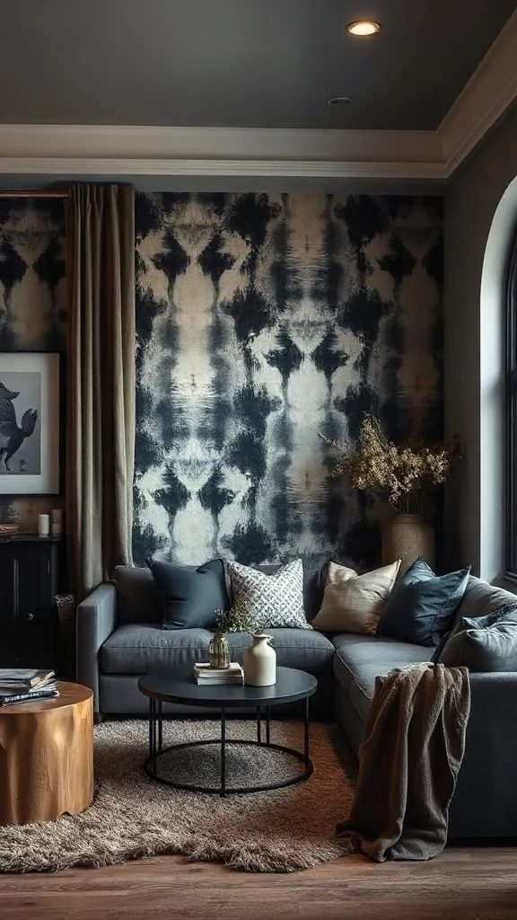 Deep Charcoal Shibori Tie-Dye Textile Wallcovering Bohemian-chic living room featuring an accent wall wrapped in a heavy charcoal shibori linen textile