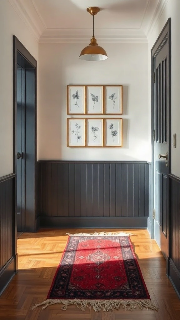 Charcoal beadboard wainscoting and a faded Turkish runner rug accenting elegant entryway decorations.