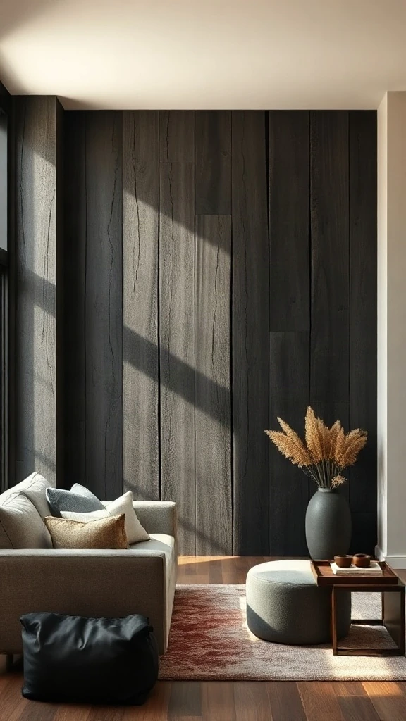 Charred Shou Sugi Ban Wood Planks Stunning Shou Sugi Ban accent wall in a modern rustic living room with deeply charred crackled wood