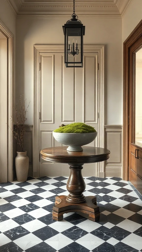 Diagonal black and white checkerboard marble floor paired with a petite pedestal in an entry hall.