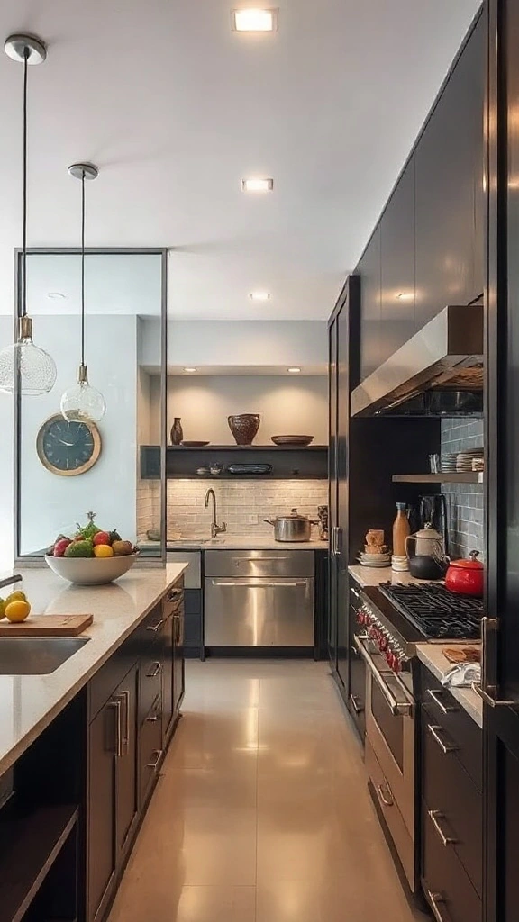 Professional-grade kitchen with a glass partition separating the cooking zone.