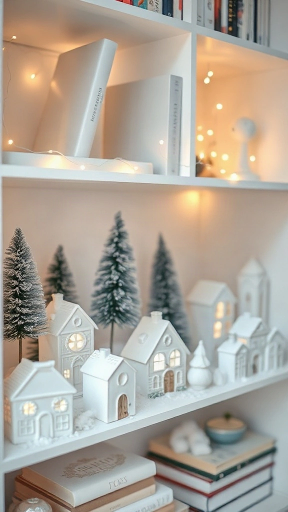 White bookshelf styled with a glowing miniature ceramic Christmas village on soft cotton snow with bottlebrush trees.