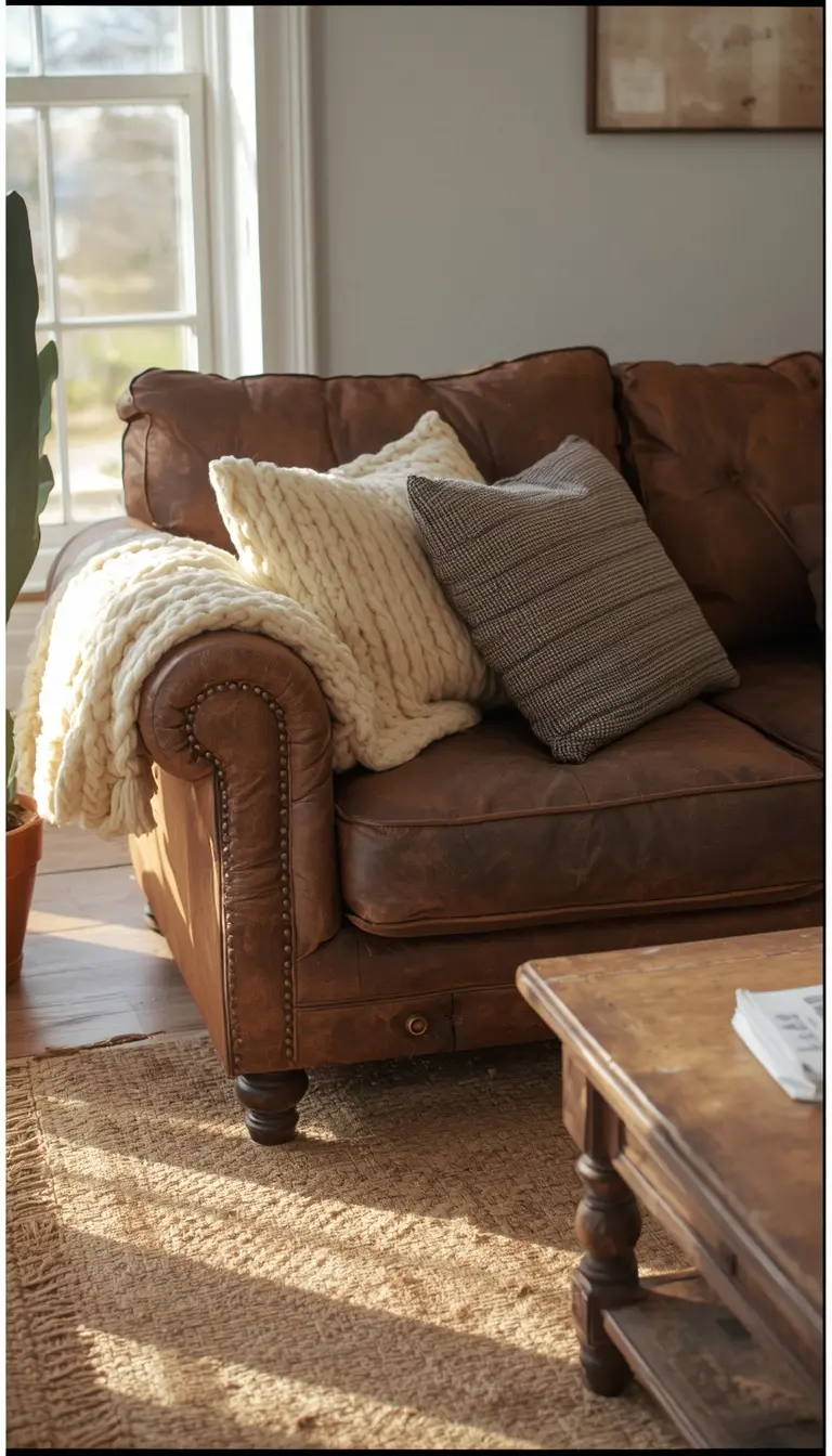 Chunky knit cream throw blanket and textured neutral cushions draped over a cozy brown leather sofa in a sunlit living room.