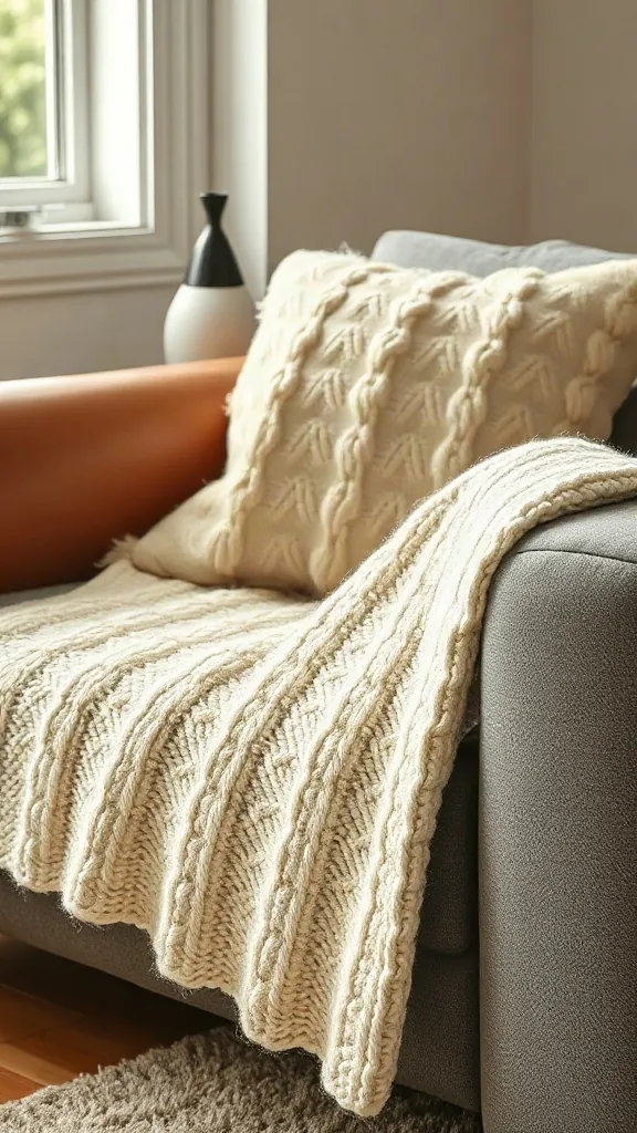 Chunky knit cream throw blanket draped over a grey leather sofa with soft pillows.