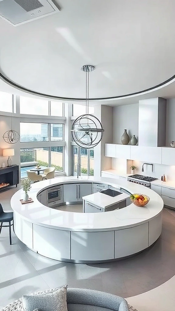 Open-concept kitchen with a circular island encouraging movement.