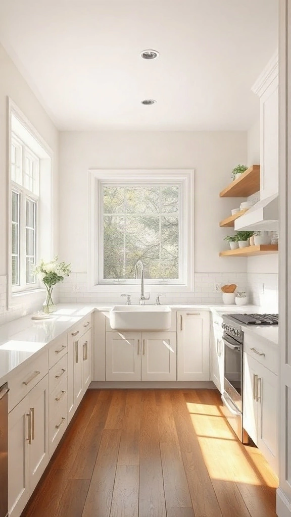 Bright L-shaped kitchen featuring white shaker cabinets, oak shelves, and a farmhouse sink under a large window.