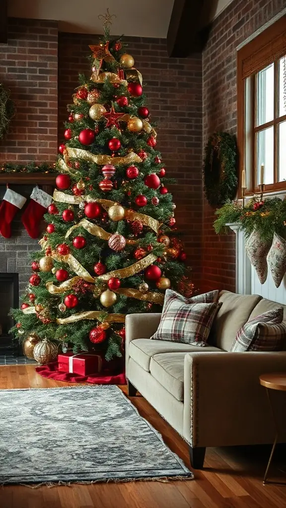 An 8-foot Fraser fir Christmas tree adorned with red glass baubles, heavy gold metallic ribbon, and warm lights.