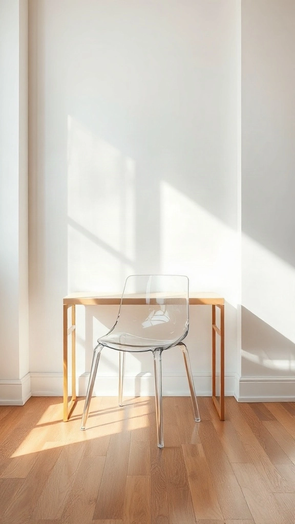 Transparent acrylic ghost chair positioned at a small minimalist wooden desk.
