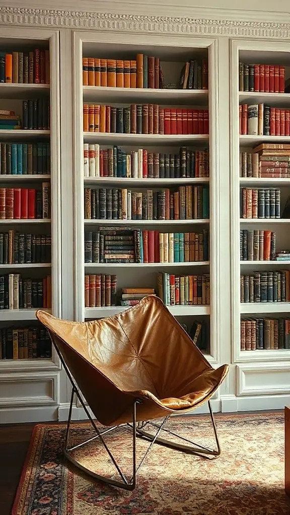 Buttery cognac leather butterfly sling chair set against a floor-to-ceiling built-in bookcase