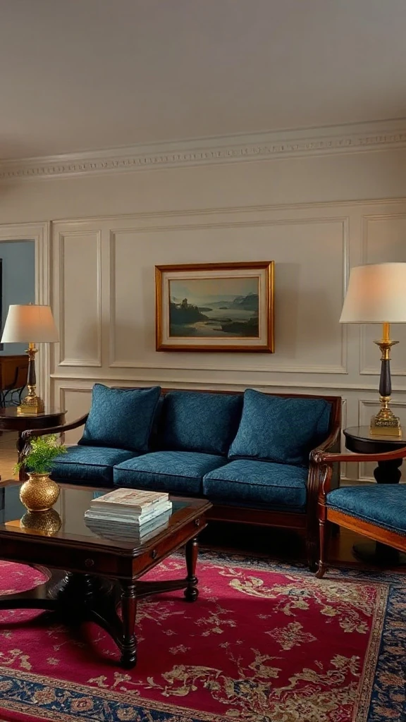 Colonial Revival Cherry Wood Living Room Group Traditional living room set featuring a solid cherry wood framed sofa and matching side chairs in navy blue damask.