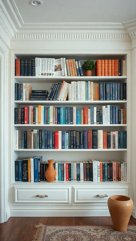 Color-Blocked Shelving by Spine Tone Library shelving organised by book spine color gradient from soft cream to deep navy blue.