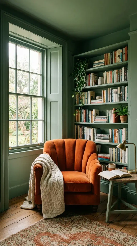 A cozy reading nook in a window alcove color-drenched in mid-tone sage green on the walls, trim, and built-ins, featuring a channel-tufted burnt orange armchair.