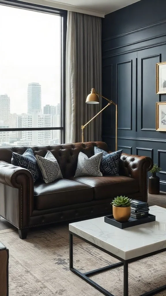 A sophisticated living space featuring a deep navy blue wall paired with warm dark brown leather furniture and refined accents.