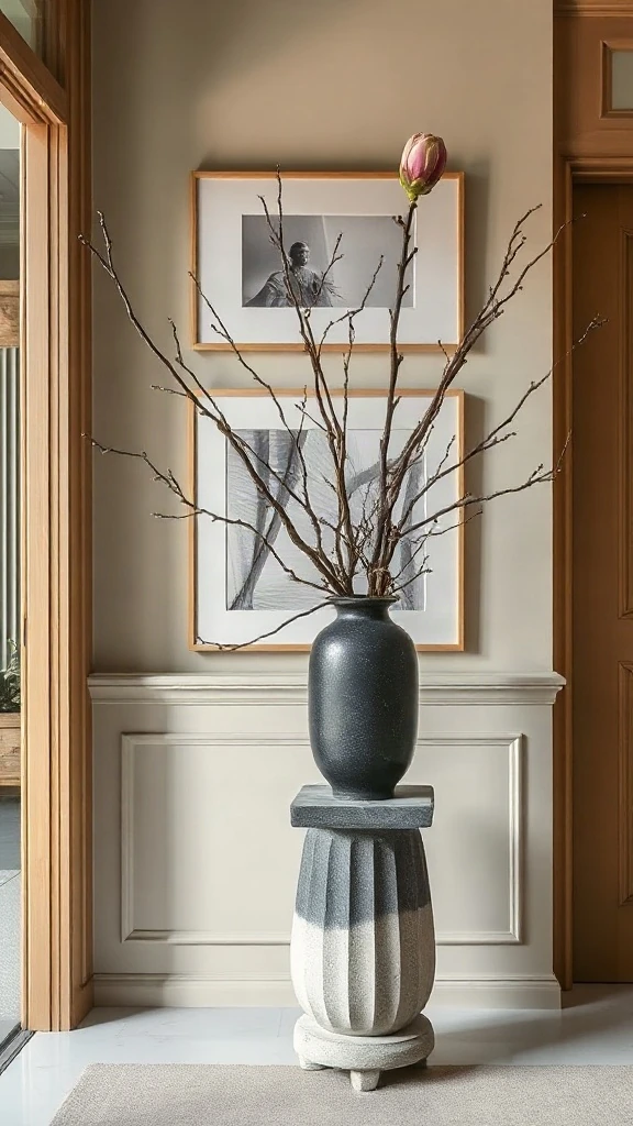 Sculptural fluted concrete pedestal holding a clay vase with wild branches in a minimalist entry.
