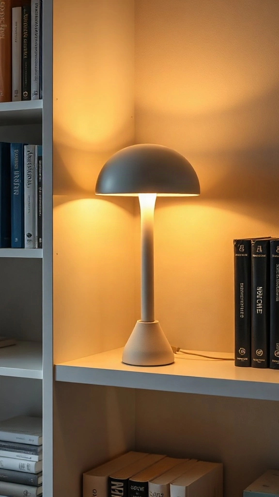 Sleek, rechargeable mushroom-shaped lamp placed on a bookshelf.