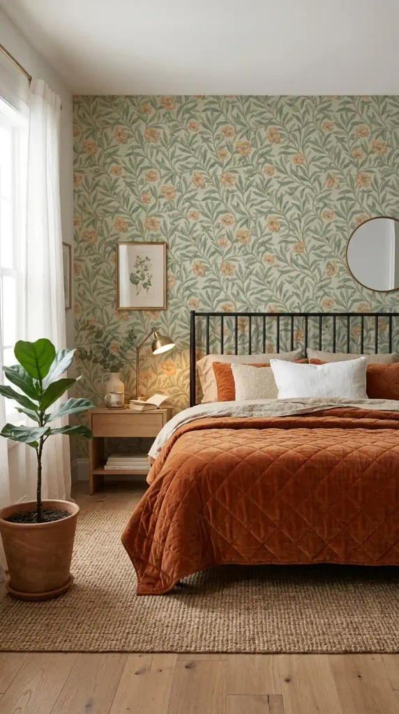 A cottage-style bedroom featuring botanical wallpaper with sage stems and apricot-orange blossoms, paired with a black iron spindle bed topped with a heavy diamond-stitched burnt orange quilt.