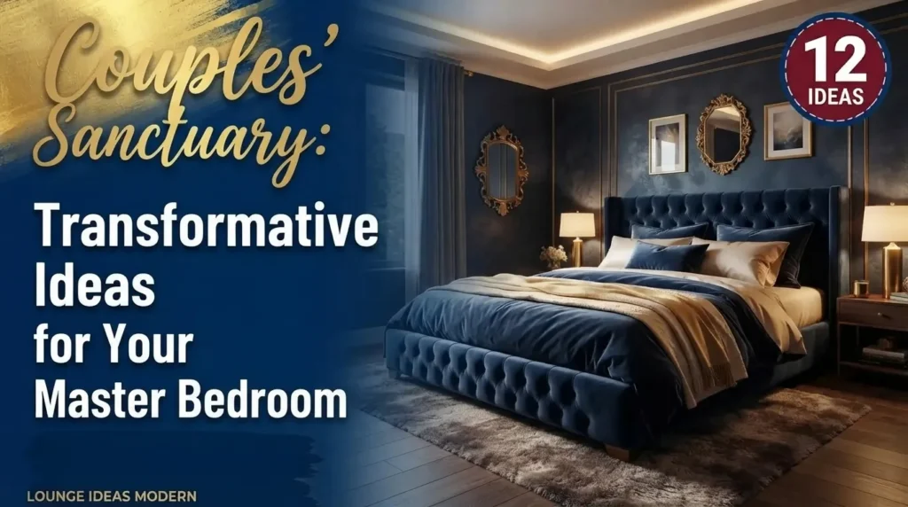 16:9 thumbnail featuring Couples' Sanctuary master bedroom decor with moody navy walls, warm lighting, and plush bedding