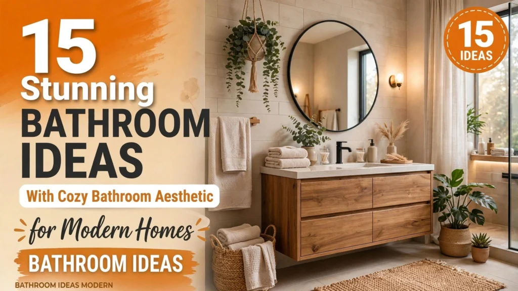 A cozy bathroom aesthetic featuring a sleek freestanding white bathtub on a tiled floor, accented with a plush cream fluffy rug, warm natural window light, and elegant brass fixtures for a luxurious spa feel.
