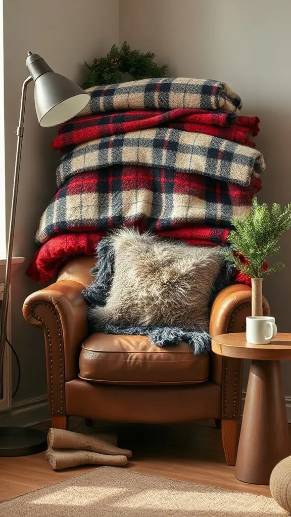 An oversized warm leather armchair layered with tartan wool blankets and soft faux fur pillows in a reading nook.
