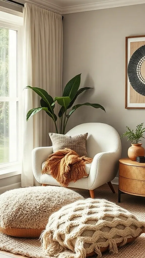The Bouclé and Tasseled Fringe Layering Curved cream bouclé accent chair with a tasseled fringe throw blanket and shaggy floor cushion.