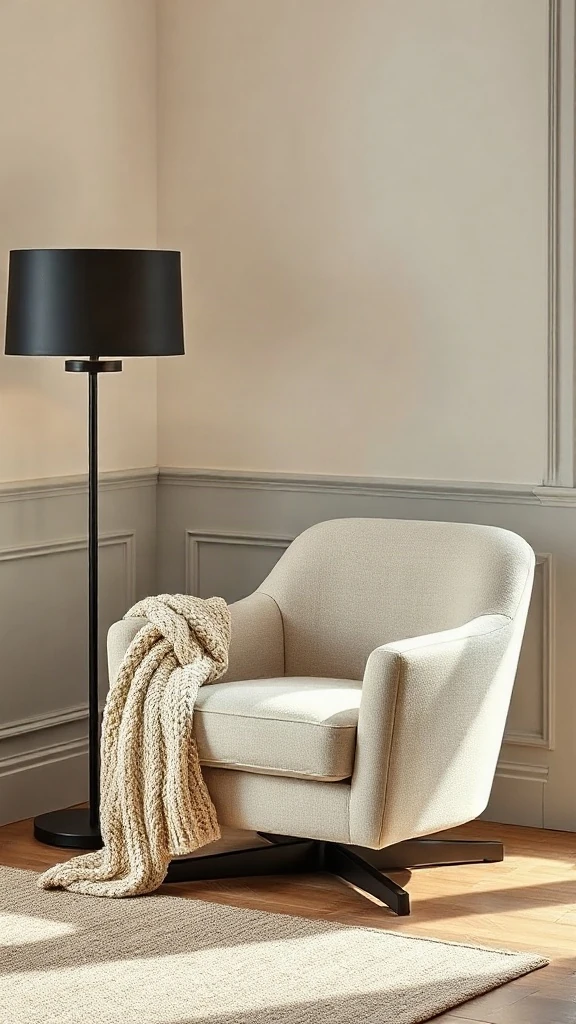 Plush cream boucle 360-degree swivel armchair paired with a matte black floor lamp and chunky throw