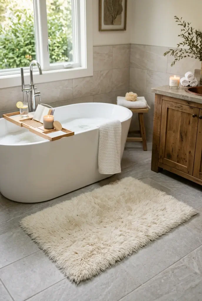 Cozy bathroom aesthetic with cream fluffy rug in front of freestanding bathtub on tiled floor with warm natural light.