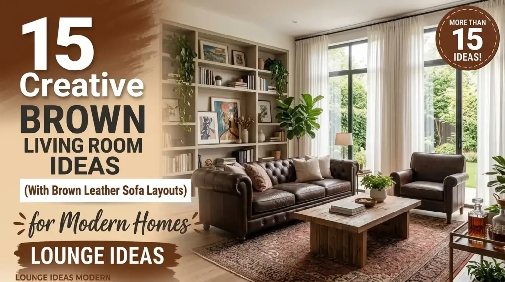 Modern living room with dark brown leather Chesterfield sofa, large built-in shelving, wooden coffee table, and natural sunlight