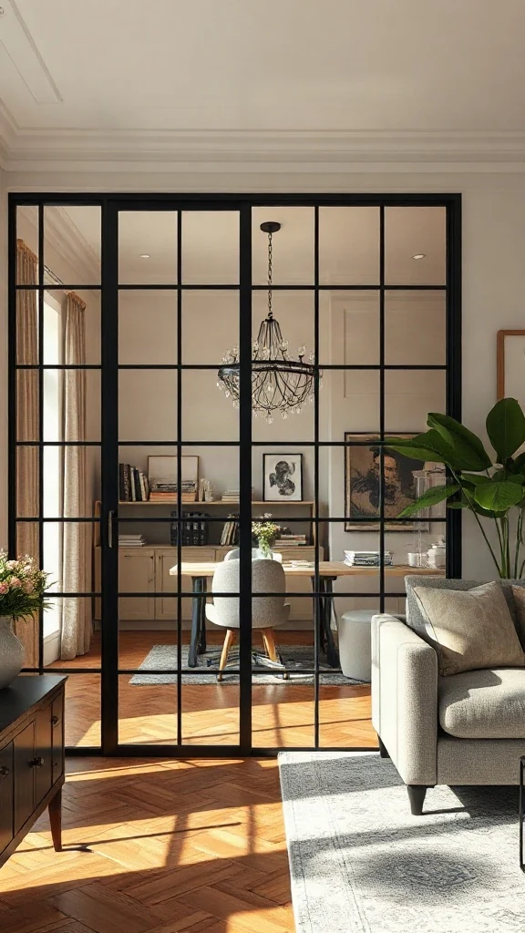 Crittall-style black steel grid glass partition dividing a home office from a cozy living room
