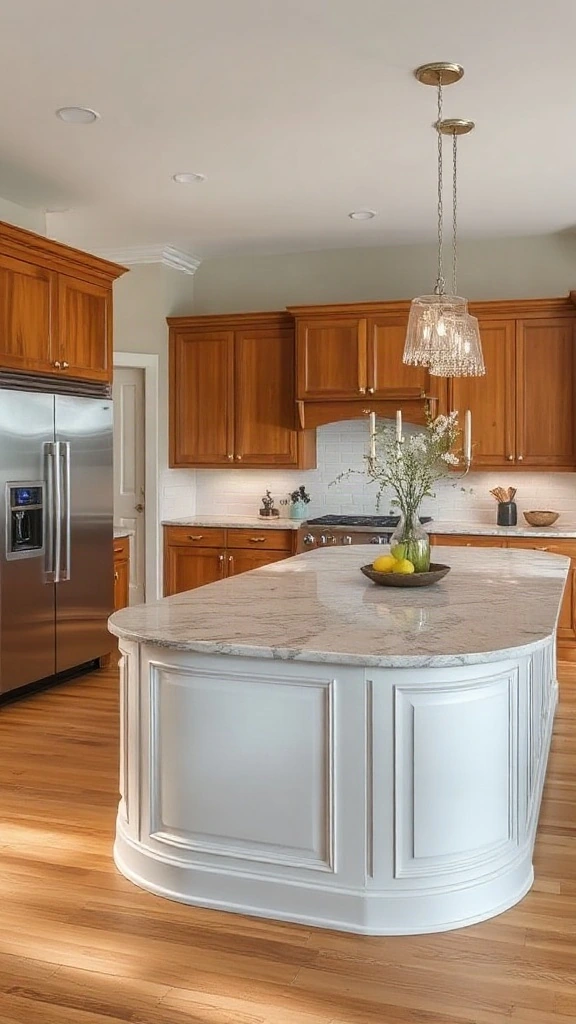 Custom kitchen with a large curved island softening the room's lines.