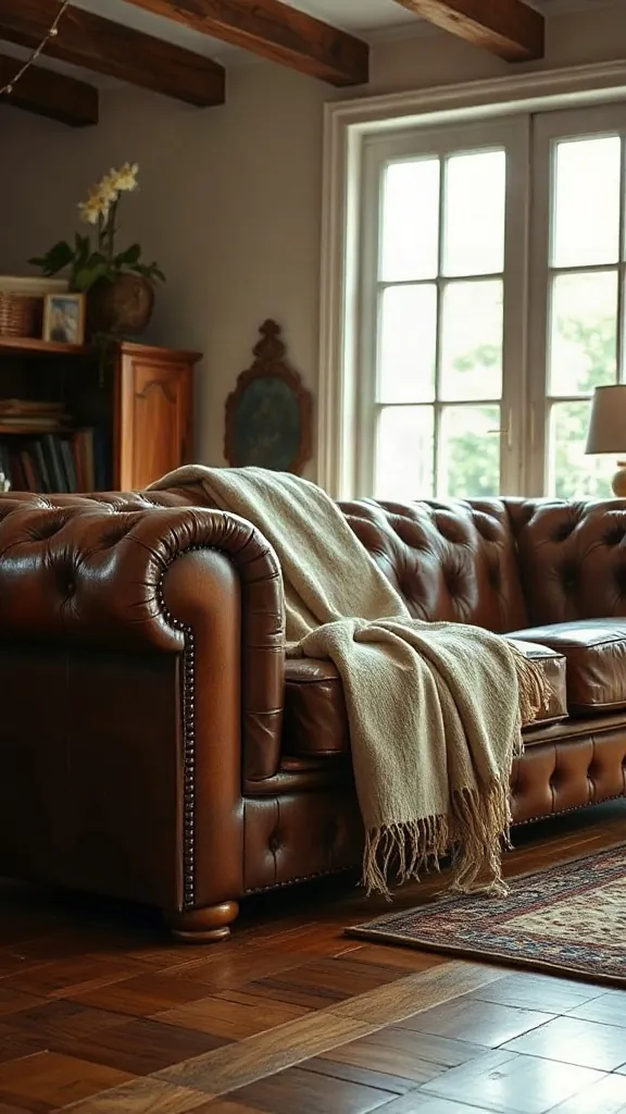 Anchor the Room with a Worn Leather Chesterfield - 25 Timeless Vintage Living Room Decor Ideas for a Warm, Nostalgic Home