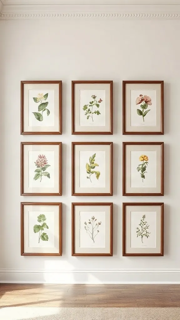 Frame Antique Botanical and Technical Prints in a Grid - 25 Timeless Vintage Living Room Decor Ideas for a Warm, Nostalgic Home
