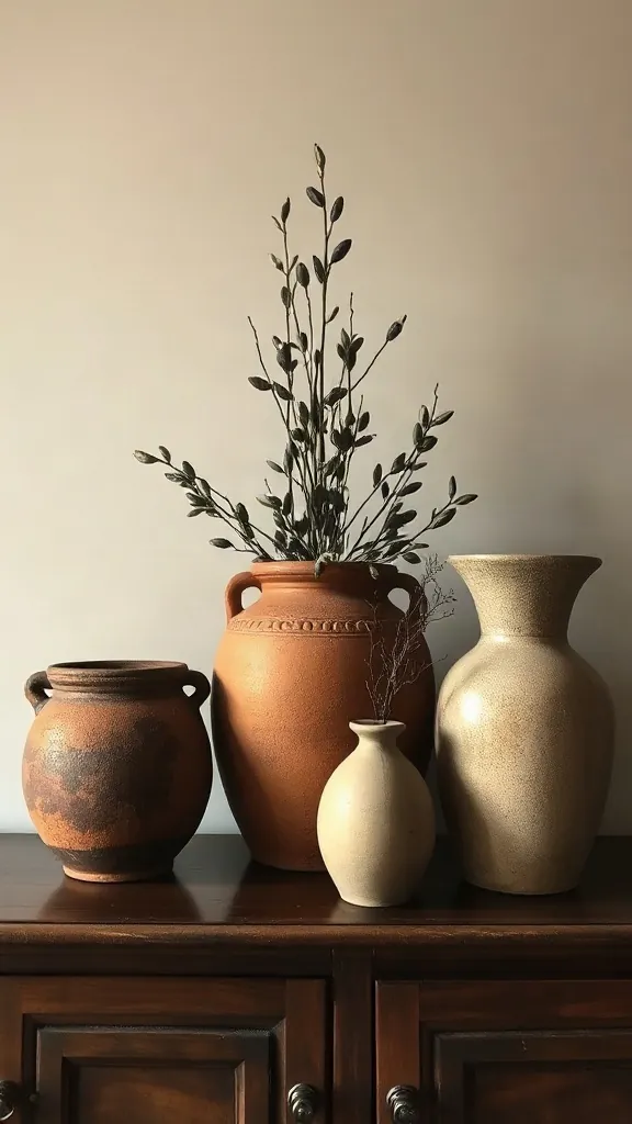 Group Old Stoneware Crocks and Terracotta Pots - 25 Timeless Vintage Living Room Decor Ideas for a Warm, Nostalgic Home