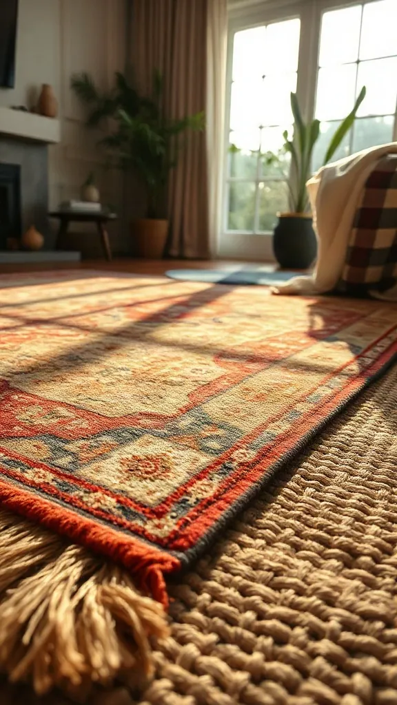 Layer an Old Persian Rug Over Natural Jute - 25 Timeless Vintage Living Room Decor Ideas for a Warm, Nostalgic Home