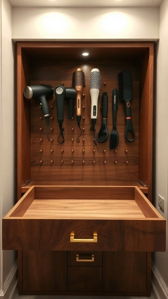 Custom Pegboard Inserts for Deep Drawers Custom wooden pegboard drawer insert with adjustable pegs holding hair dryers and styling tools upright.