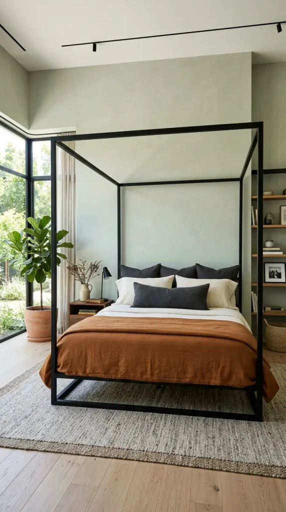 A functional bedroom feature wall with custom built-in shelving around the bed painted in satin sage green, styled with vintage books, unglazed terracotta pottery, and brass bookends.