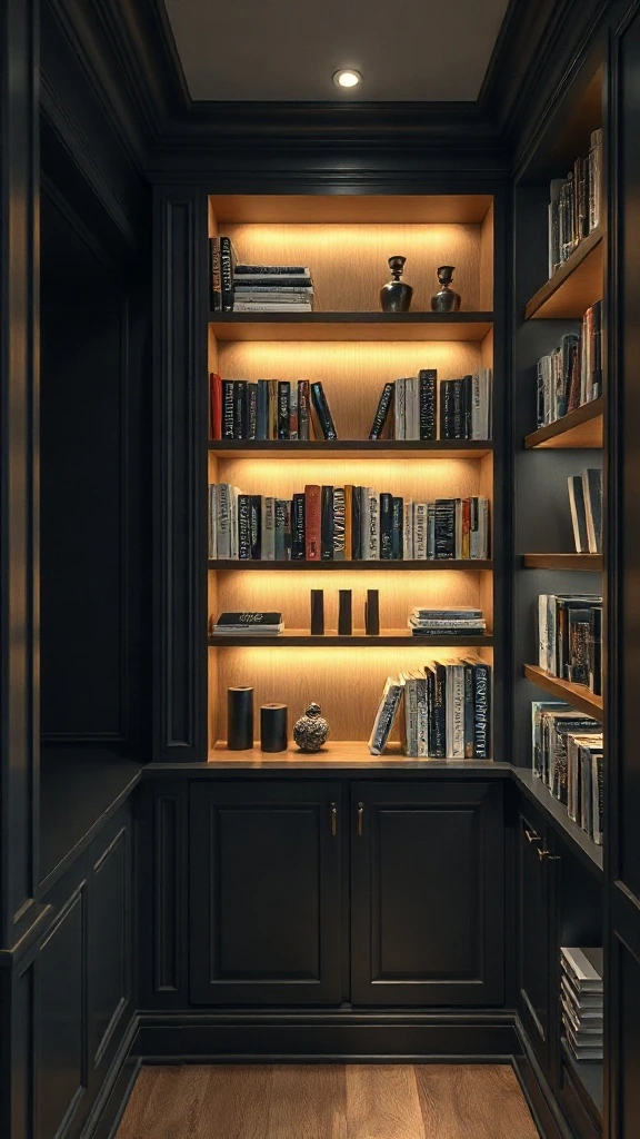 Dark Charcoal Framed Bookcases Charcoal grey built-in bookshelves with light oak backing and warm LED lighting.