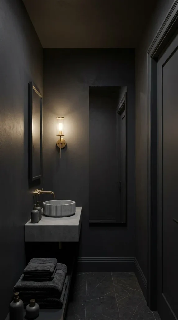 Small luxurious bathroom with deep matte charcoal color-drenching and warm sconce lighting