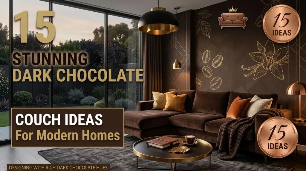 Modern living room featuring a rich dark chocolate brown velvet sectional couch with warm gold accent pillows and warm lighting.