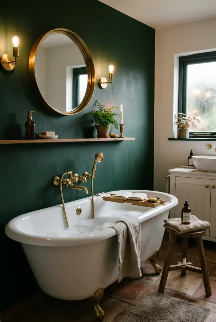 Cozy bathroom aesthetic with dark forest green accent wall, white ceramic bathtub, and warm brass fixtures creating a moody spa atmosphere.