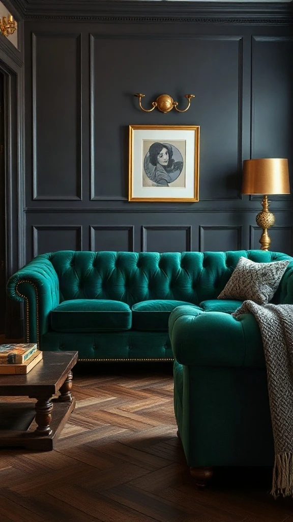 Tufted Chesterfield in Deep Emerald Velvet Traditional living room set featuring a deep emerald green velvet Chesterfield sofa with button tufting and rolled arms.