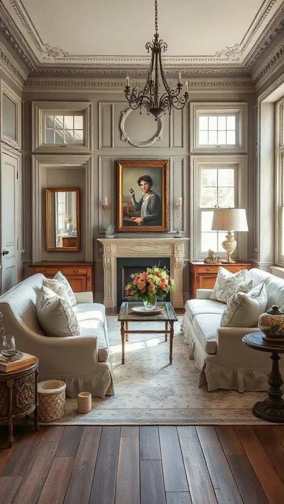 Directoire Style Painted Wood Living Room Set Traditional living room set displaying a Directoire style setup with distressed chalk-painted gray woodwork and cream damask.