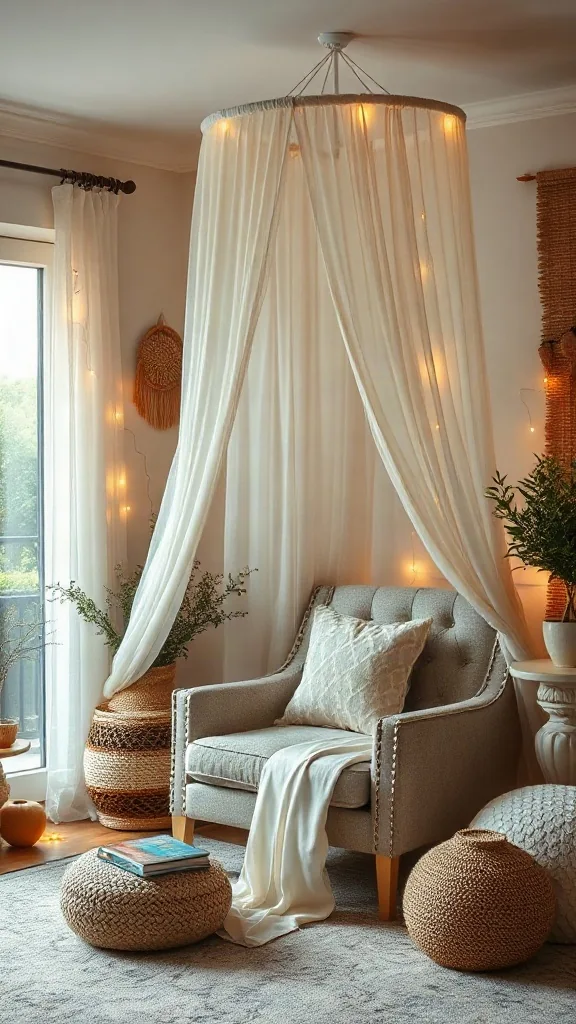 The Canopy-Draped Reading Nook Sheer ivory canopy fabric draped over a tufted armchair in a cozy bohemian reading corner.