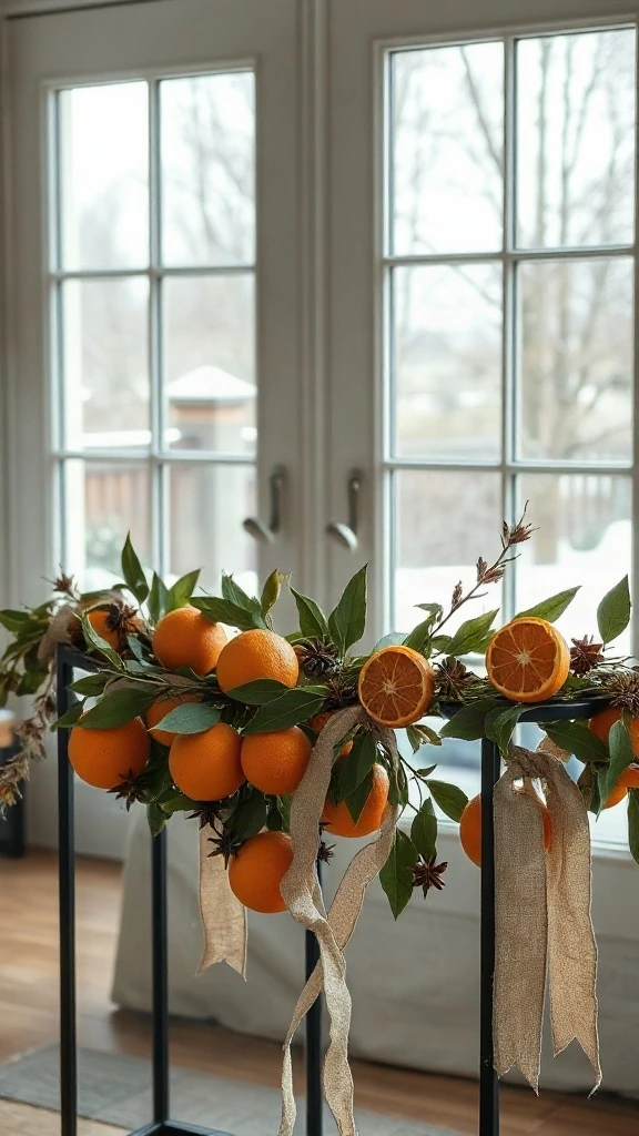 French glass patio doors framed by an organic garland made of dried orange slices, green bay leaves, and linen.