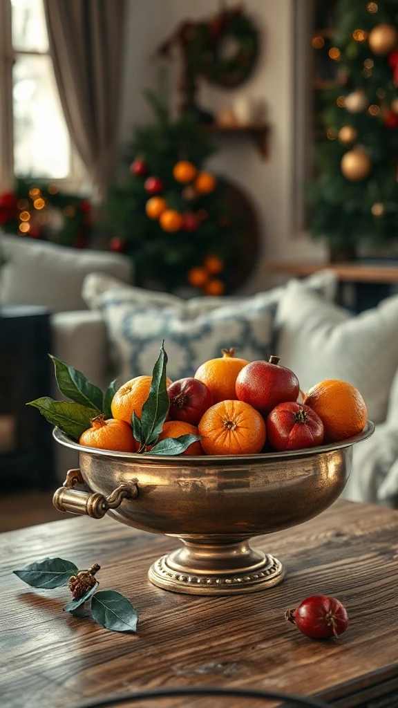 Antique brass footed bowl filled with dried orange slices, fresh pomegranates, and clove-studded clementines.