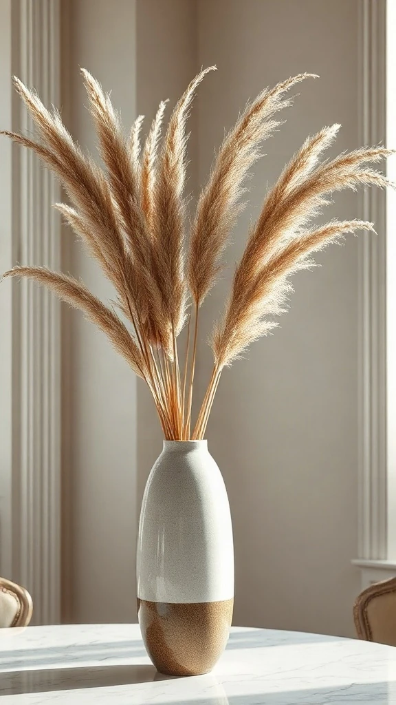 Tall ceramic vase filled with dried pampas grass and eucalyptus stems.