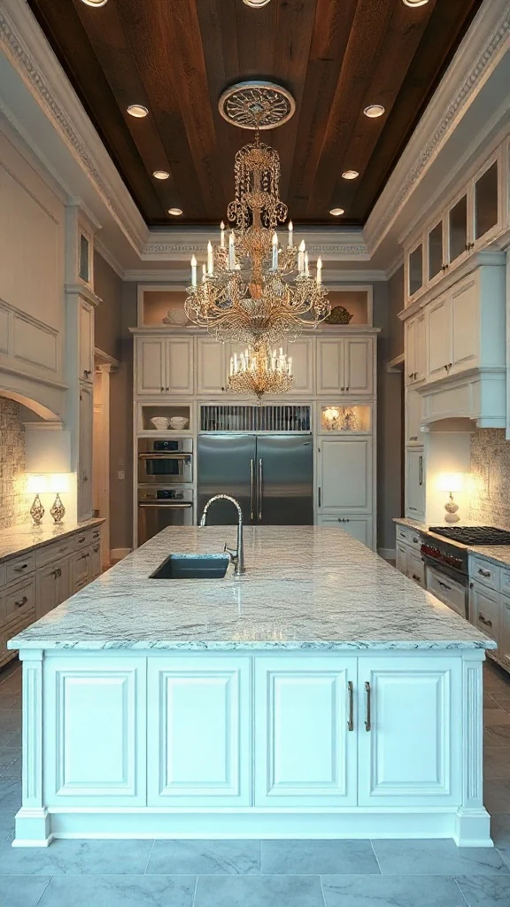 Luxury kitchen with two large islands, one for sink prep and one for casual seating.